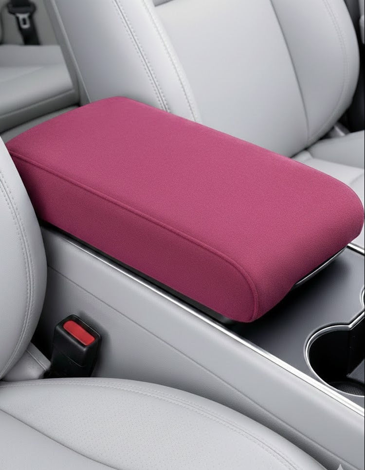 Pink suede car armrest cover with memory foam installed on center console. A unique Car-Wah! comfort car accessory for your daily drive. 