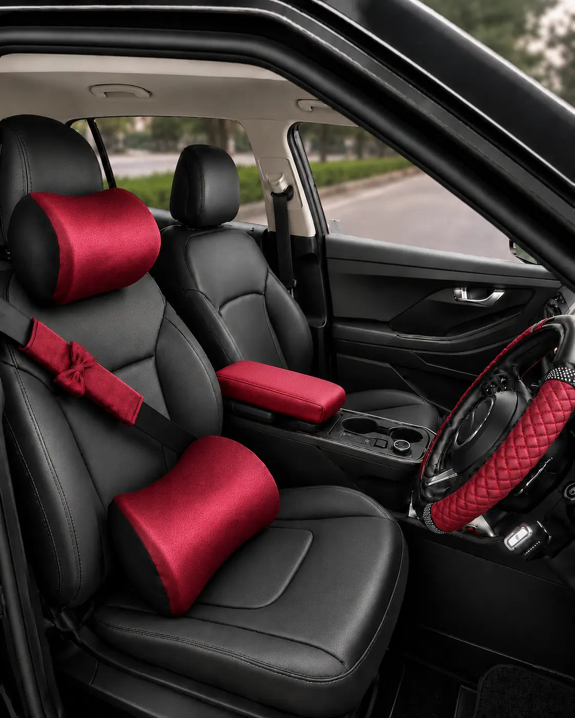 Red Car-Wah! comfort bundle installed inside a car with matching seat comfort accessories