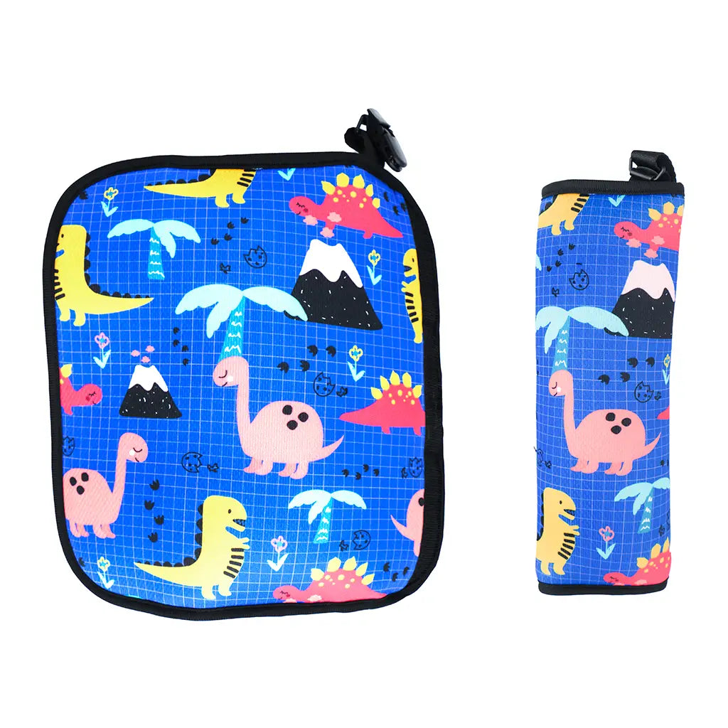 Soft blue kids seatbelt cover with colorful dinosaur cartoon print on a white background. Padded seatbelt cushion for child car safety and comfort. A feel-good Car-Wah! comfort upgrade for your car.