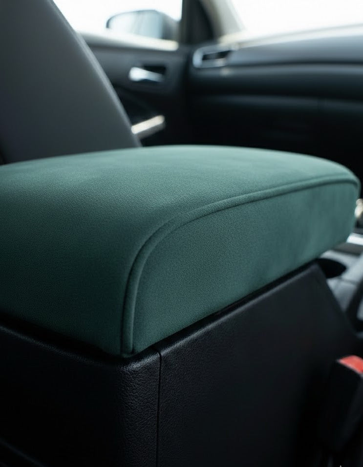 Close-up of soft suede fabric on car armrest cover. Affordable Car-Wah! comfort car accessories for everyday Indian roads.