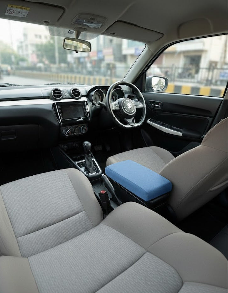 wide angle shot of suede memory foam car armrest cover. Affordable Car-Wah! comfort car accessories for everyday Indian roads.