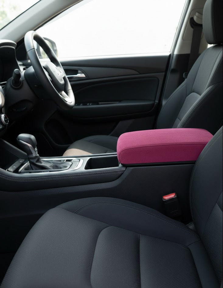 Side profile of suede memory foam car armrest cover showing thickness. Affordable Car-Wah! comfort car accessories for everyday Indian roads.
