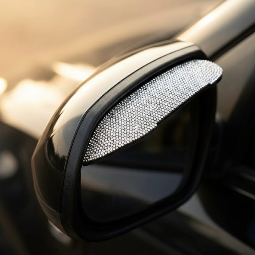 Silver rhinestone car side mirror garnish – universal ORVM cover for cars. A statement Car-Wah! car accessory that adds instant personality.