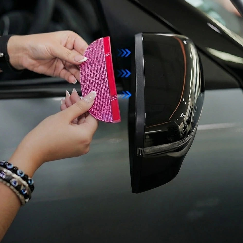 Pink rhinestone ORVM garnish installed on car side mirror. A Car-Wah! unique and afforable car accessory.