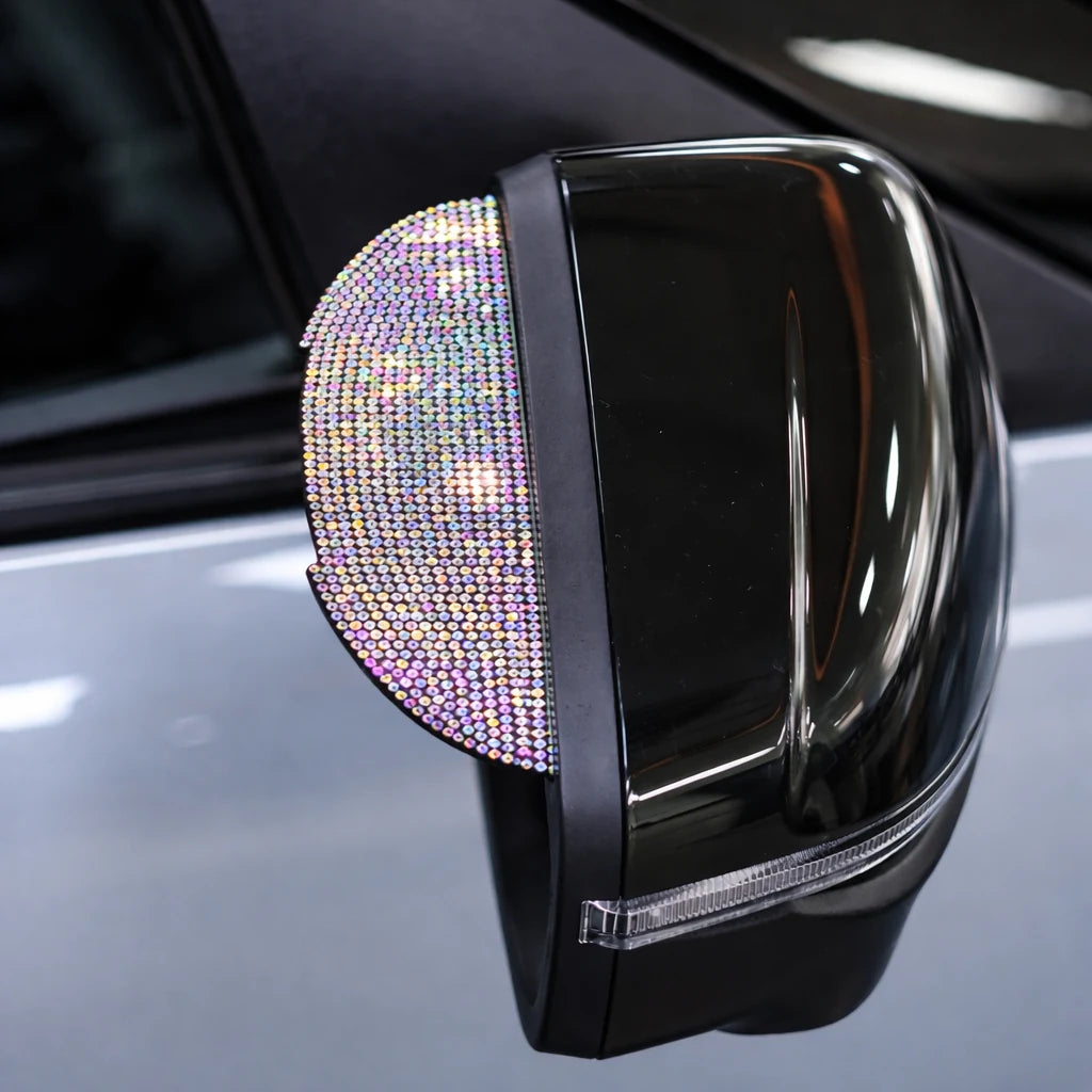 Polychrome design rhinestone ORVM cover close-up on car side mirror. A Car-Wah! unique and afforable car accessory.