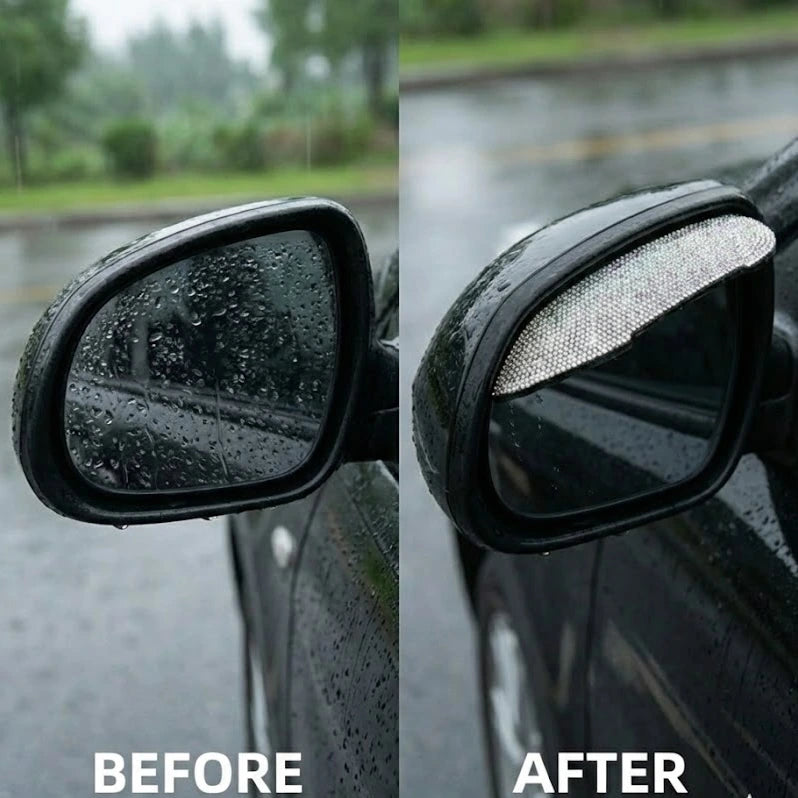 Before and after comparison of car side mirror with rhinestone ORVM cover. A Car-Wah! unique and afforable car accessory.
