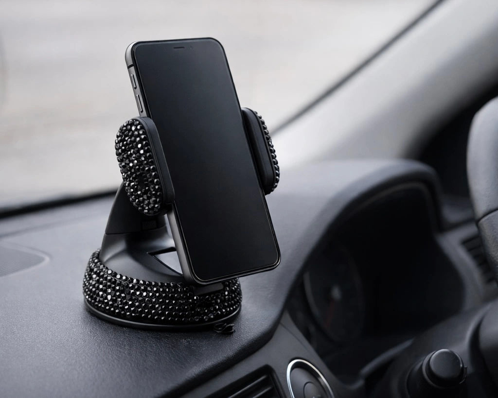 Black bling car phone holder mounted on dashboard holding smartphone. view of a phone mounted in the rhinestone holder during a daily drive, a quirky Car-Wah! accessory that adds instant personality.