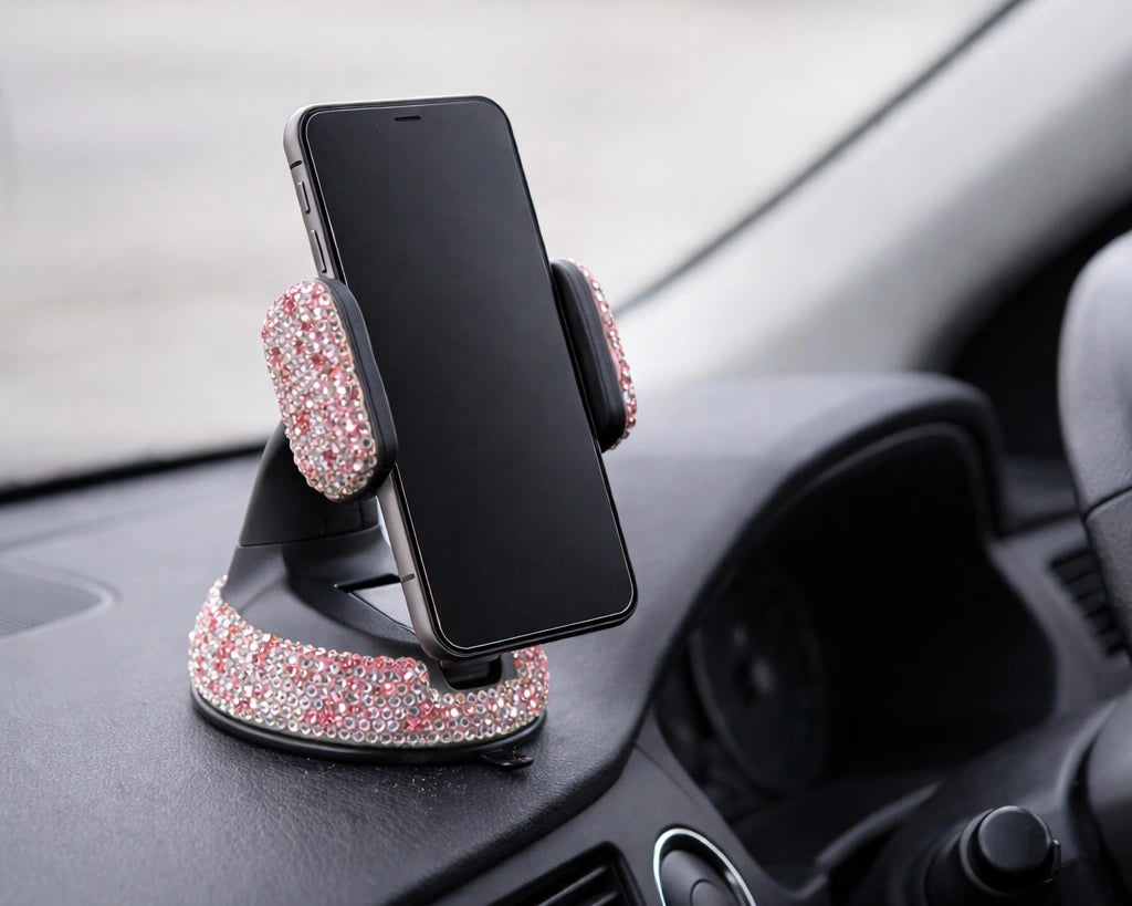 Pink rhinestone car phone holder dashboard mount holding smartphone.  A fun car accessory by Car-Wah! to elevate your ride.