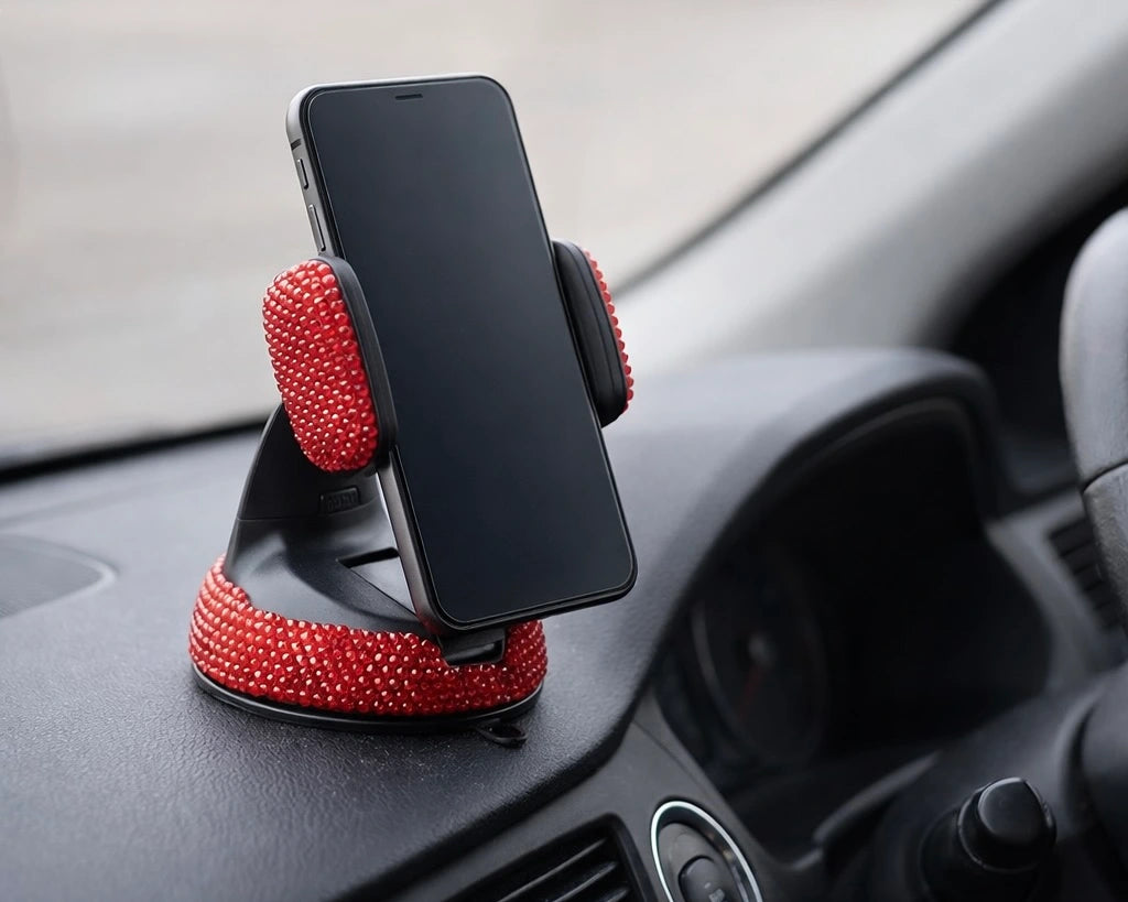 Red bling car mobile holder mounted on car dashboard with smartphone. Car-Wah! car accessory that brings the fun directly to you