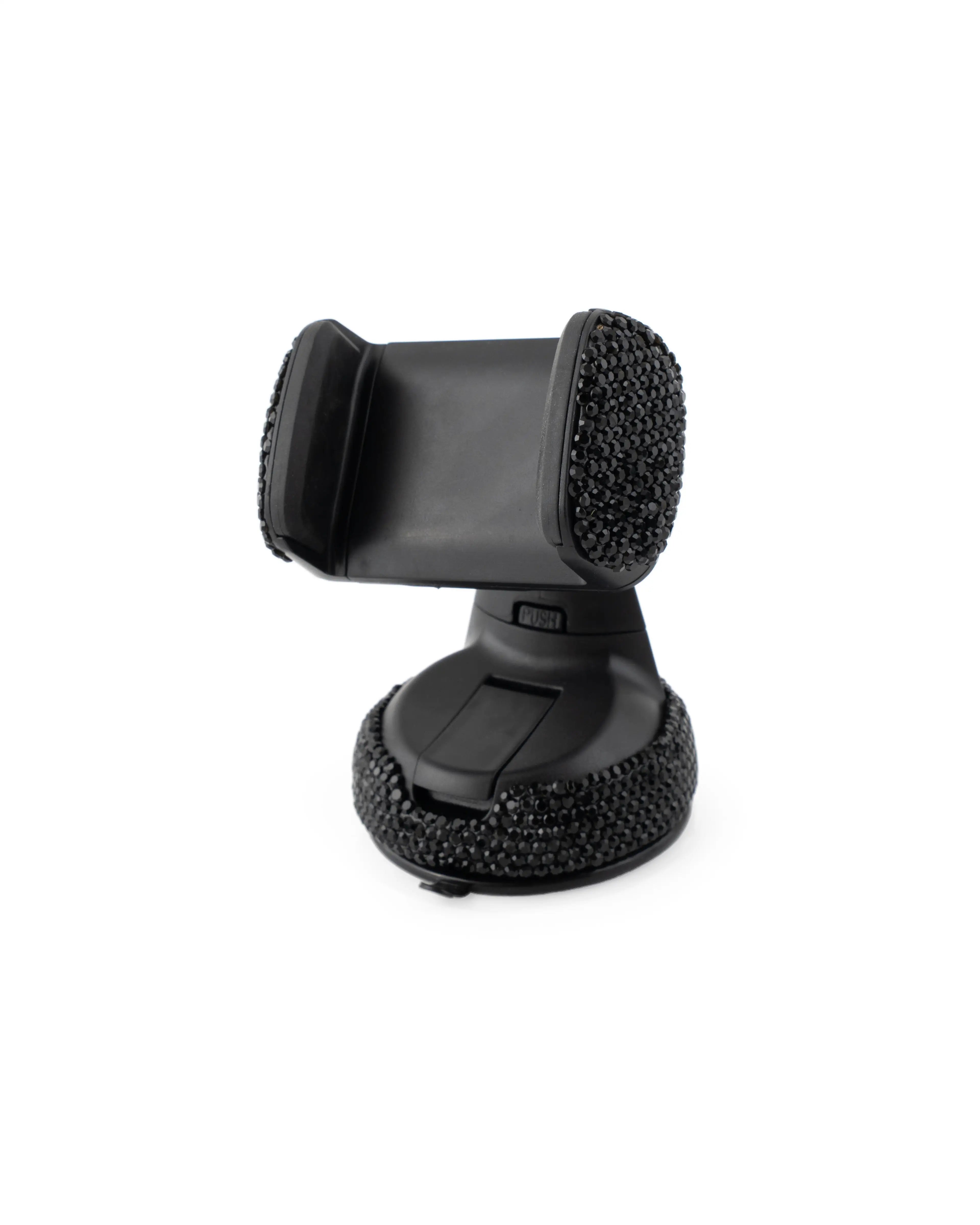 Black rhinestone car phone holder dashboard mount. Bling rhinestone car mobile phone holder isolated on a clean white background, a practical yet fun Car-Wah! driving essential