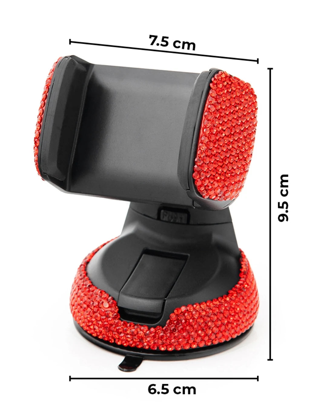 Red bling car phone holder dimensions and size guide, ensuring a perfect fit for this confident Car-Wah! accessory