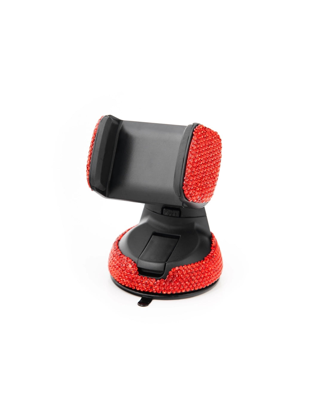 Red crystal car phone holder dashboard mount. Sparkling rhinestone mobile mount on a clean white background, an affordable Car-Wah! accessory that won't break the bank