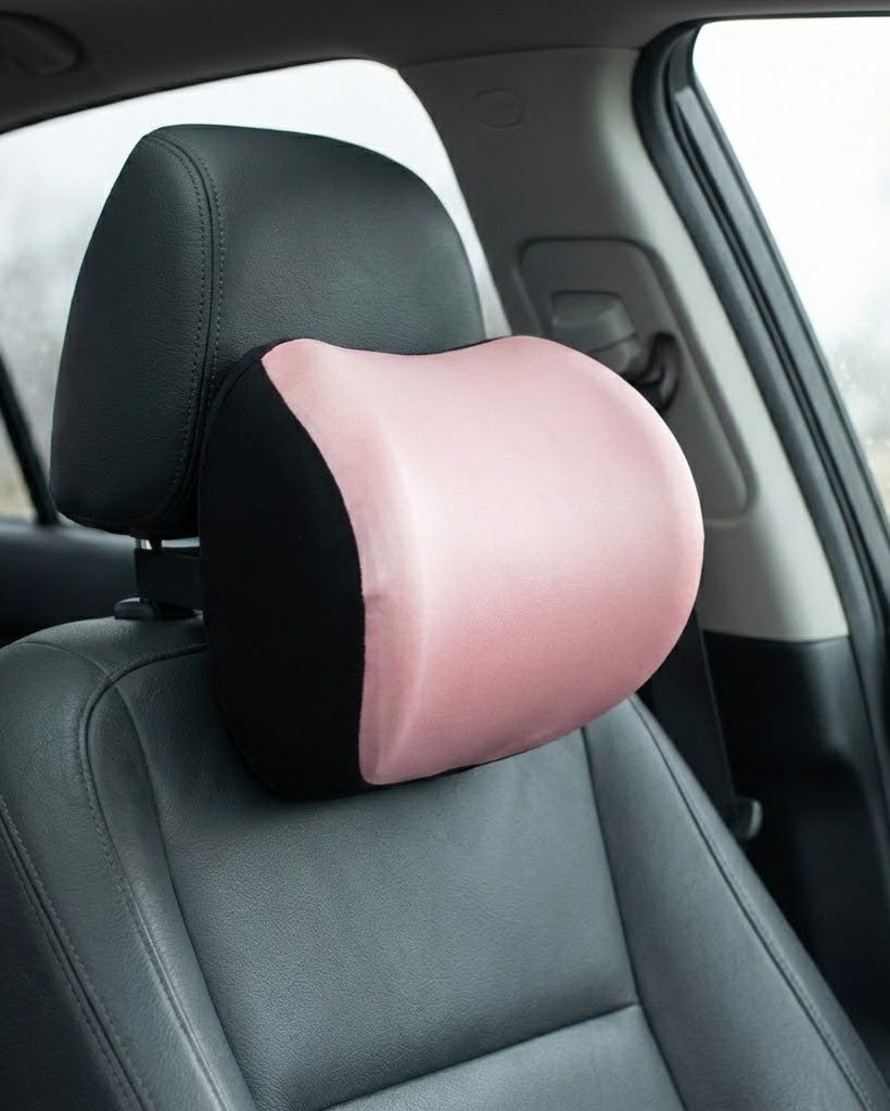 Pink memory foam car neck pillow installed on driver seat. Your ride's new best friend: a unique Car-Wah! comfort  car accessory.