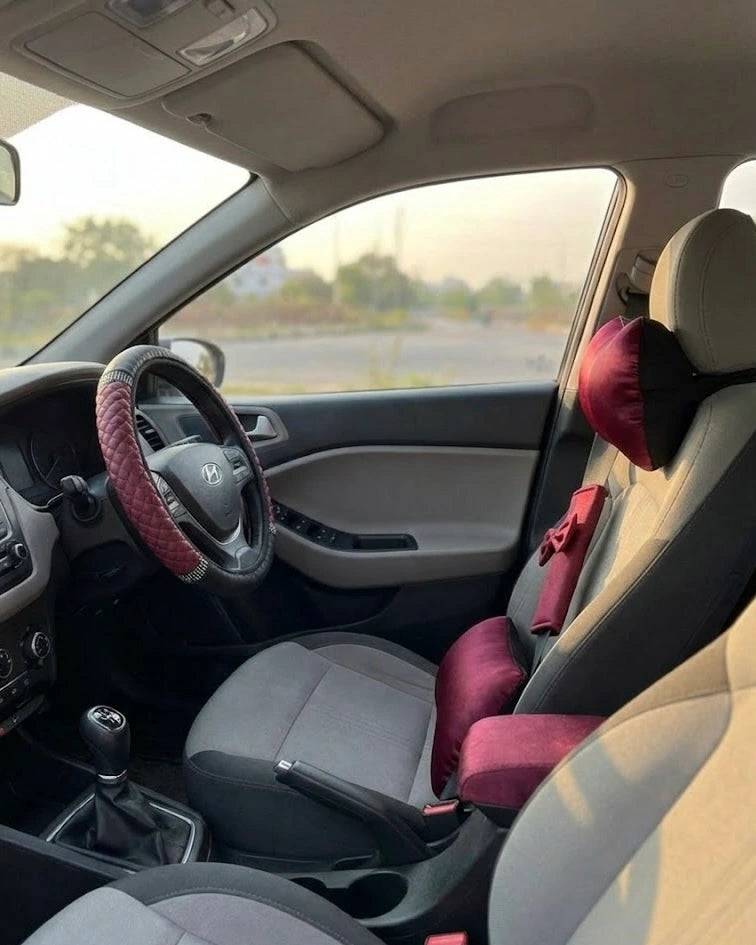 Maroon 38 cm PU leather anti-slip steering wheel cover installed for improved grip and interior upgrade. A premium Car-Wah! car accessory to show off your ride's personality.