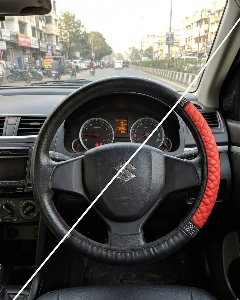 Red PU leather steering wheel cover transformation – anti-slip 38 cm steering wheel upgrade before and after installation. A premium Car-Wah! car accessory to show off your ride's personality.