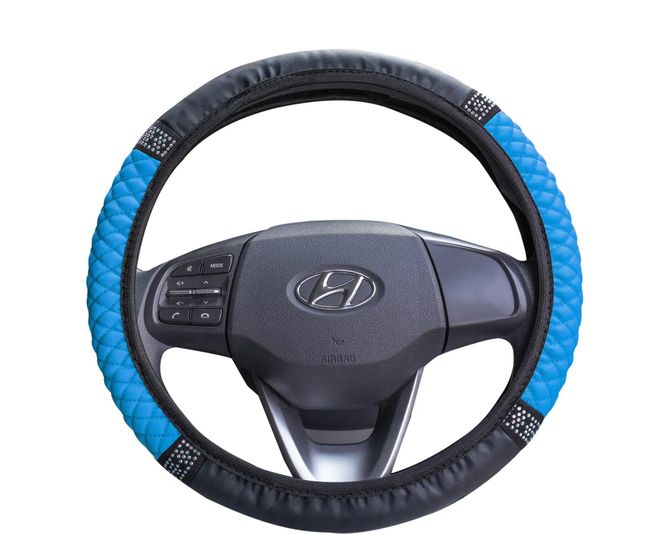 Blue PU leather steering wheel cover with anti-slip grip and rhinestone accents fitted on 38 cm car steering wheel.  A colourful Car-Wah! car decor upgrade for your daily drives.