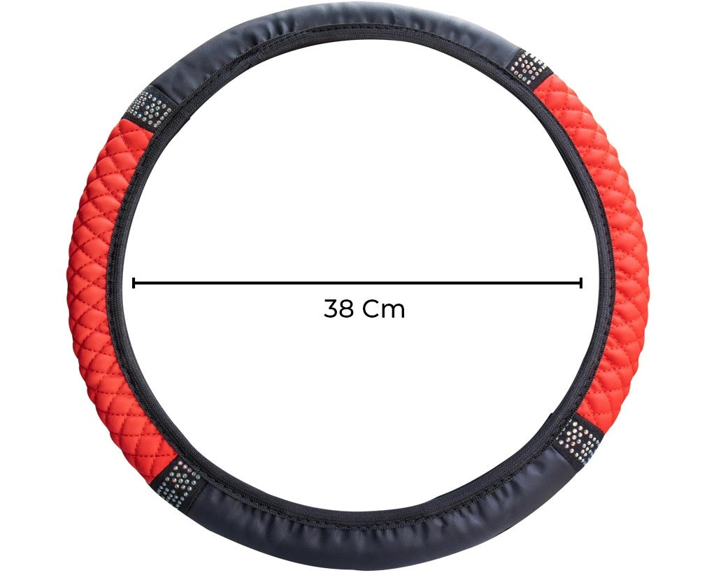 38 cm steering wheel cover size guide – universal PU leather steering wheel cover dimensions for most cars in India.  A colourful Car-Wah! car decor upgrade for your daily drives.