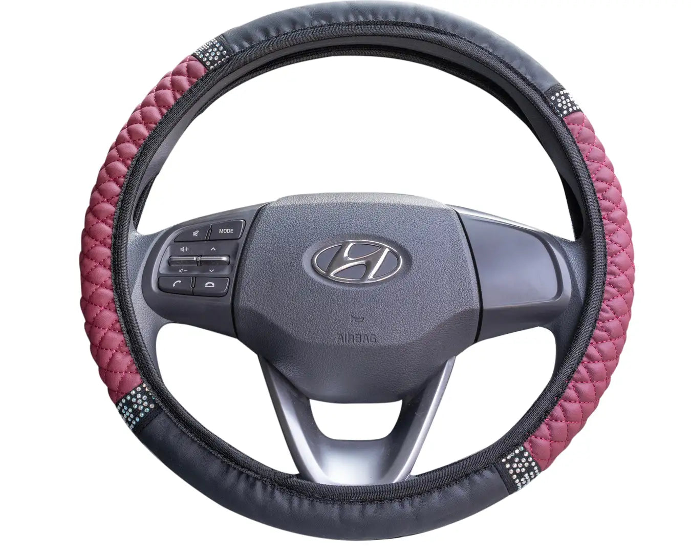 Maroon PU leather steering wheel cover with quilted grip and rhinestone detailing for 38 cm steering wheel.  A colourful Car-Wah! car decor upgrade for your daily drives.