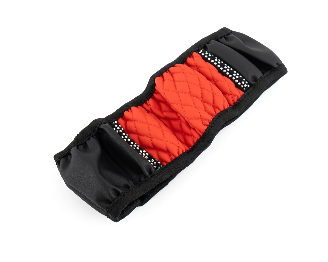 Red PU leather steering wheel cover with quilted grip and rhinestone accents – anti-slip 38 cm car steering cover. A premium Car-Wah! car accessory to show off your ride's personality.