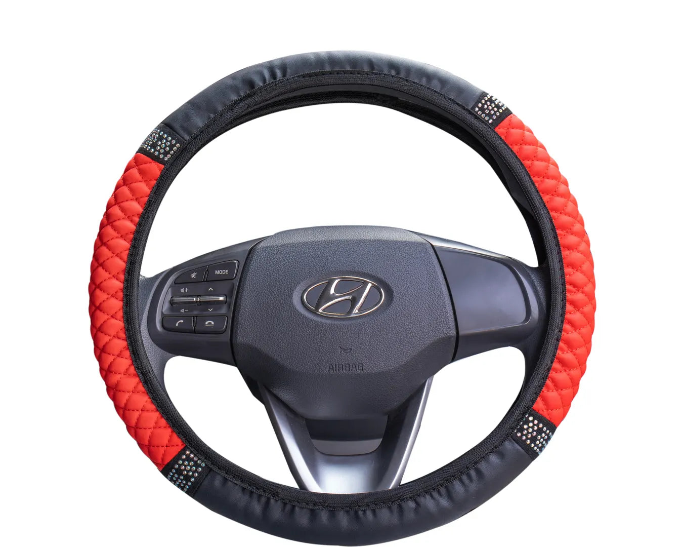 Red PU leather steering wheel cover with anti-slip lining and rhinestone grip on standard 38 cm steering wheel.  A colourful Car-Wah! car decor upgrade for your daily drives.
