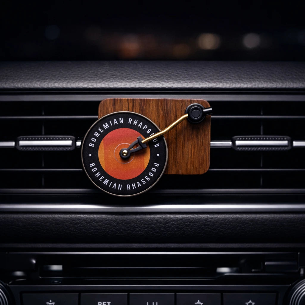 Record Player Car Air Freshener with classic vinyl perfume disc spinning on car AC vent. A unique Car-Wah! car perfume to keep your cabin smelling fresh. 