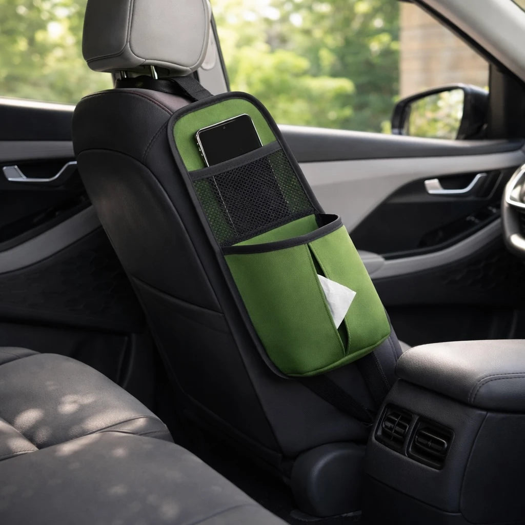Driver seat side organizer with mesh phone pocket and tissue holder – green PU leather car storage pocket, A unique Car-Wah! car organizer to keep your world on wheels organized.