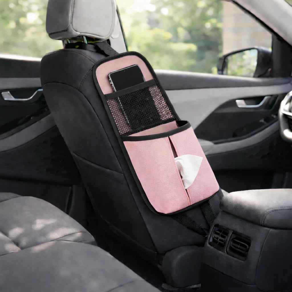Seat side storage organizer for car with mesh pocket and tissue holder – pink PU leather car interior organizer. A unique Car-Wah! car organizer to keep your world on wheels organized.