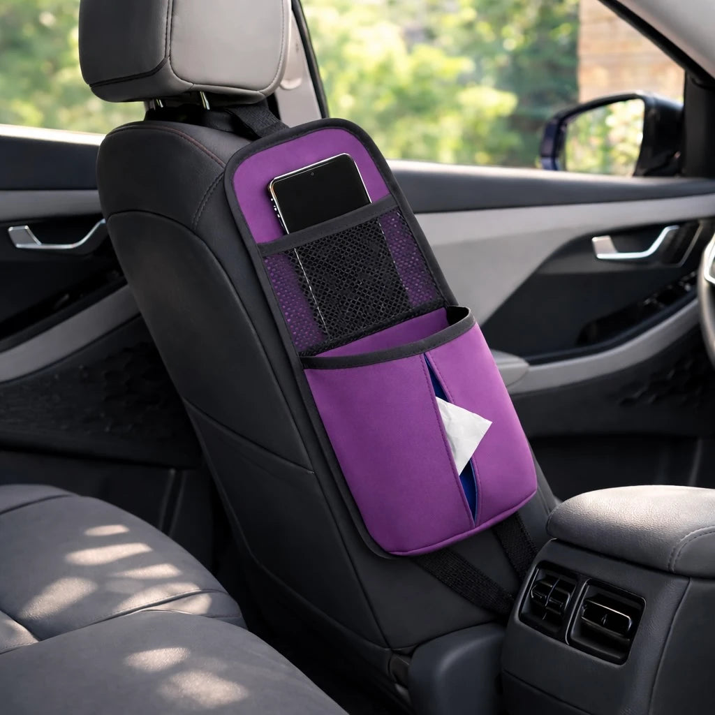 Front seat side organizer for car with phone pocket and tissue dispenser – purple PU leather storage pocket, A unique Car-Wah! car organizer to keep your world on wheels organized.