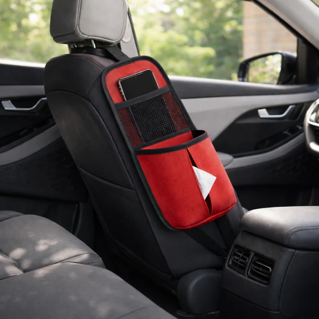 Car seat side organizer with mesh phone pocket and tissue holder – red PU leather car storage pocket. A unique Car-Wah! car organizer to keep your world on wheels organized.