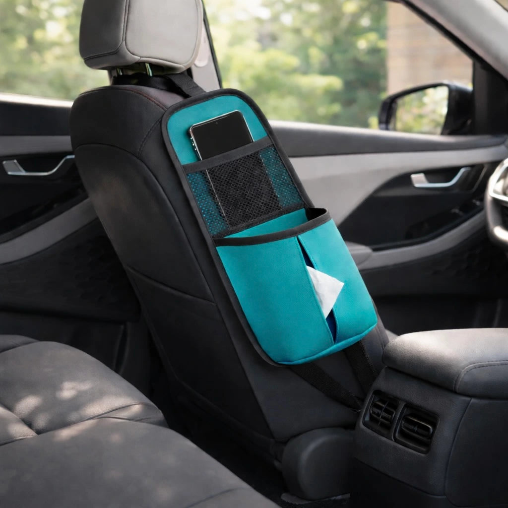 Car seat side organizer with mesh pocket and tissue holder – turquoise PU leather driver side storage bag. A unique Car-Wah! car organizer to keep your world on wheels organized.