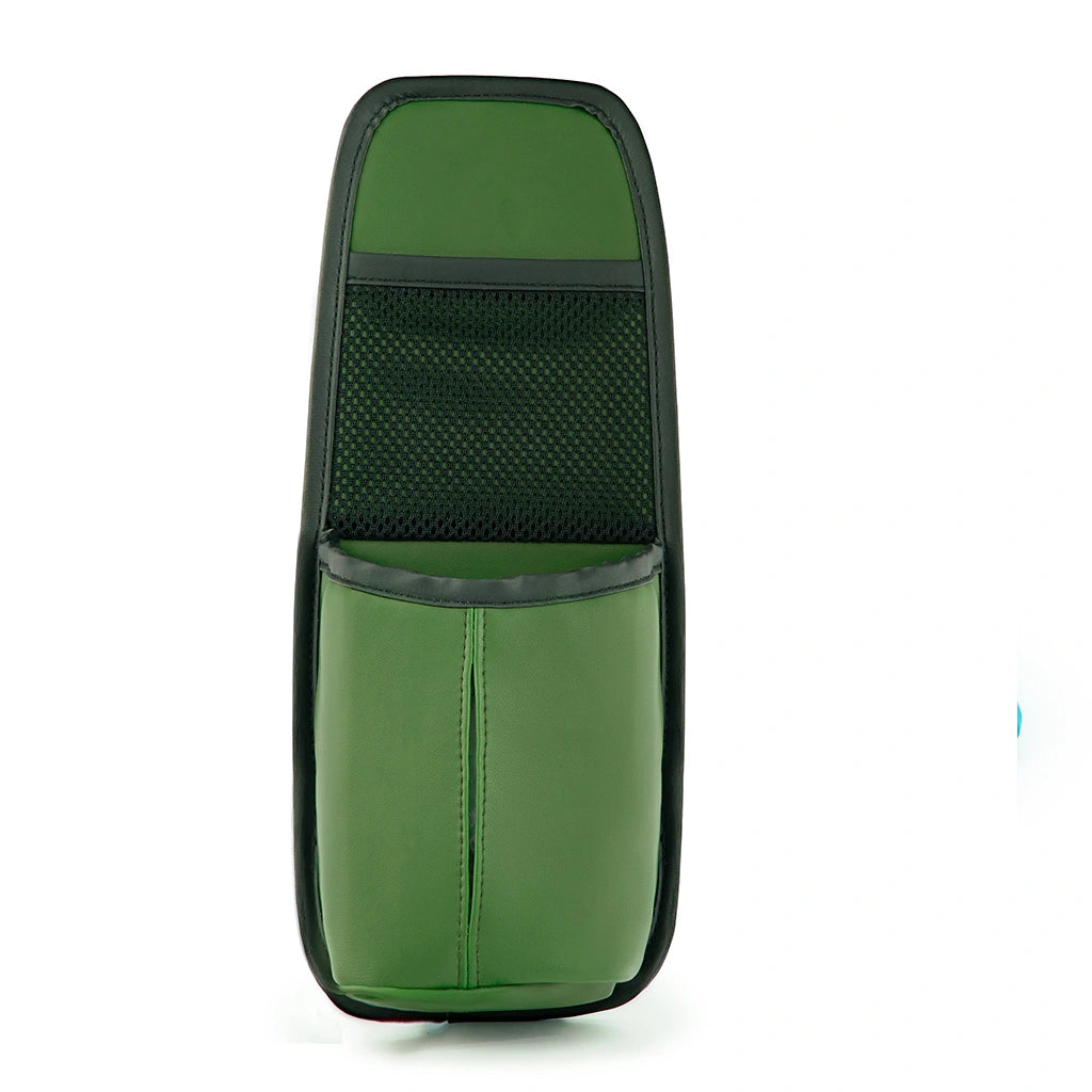 PU leather car seat side organizer with mesh pocket and tissue holder – green car storage pocket. Affordable and fun Car-Wah! car storage for your daily commute.