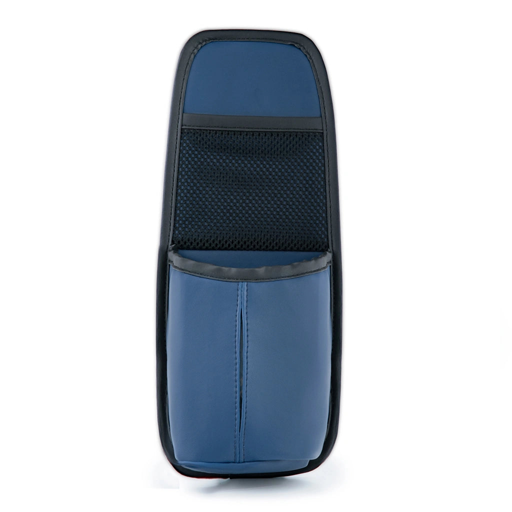 PU leather car seat side organizer with mesh phone pocket – navy car interior storage bag. Affordable and fun Car-Wah! car storage for your daily commute.