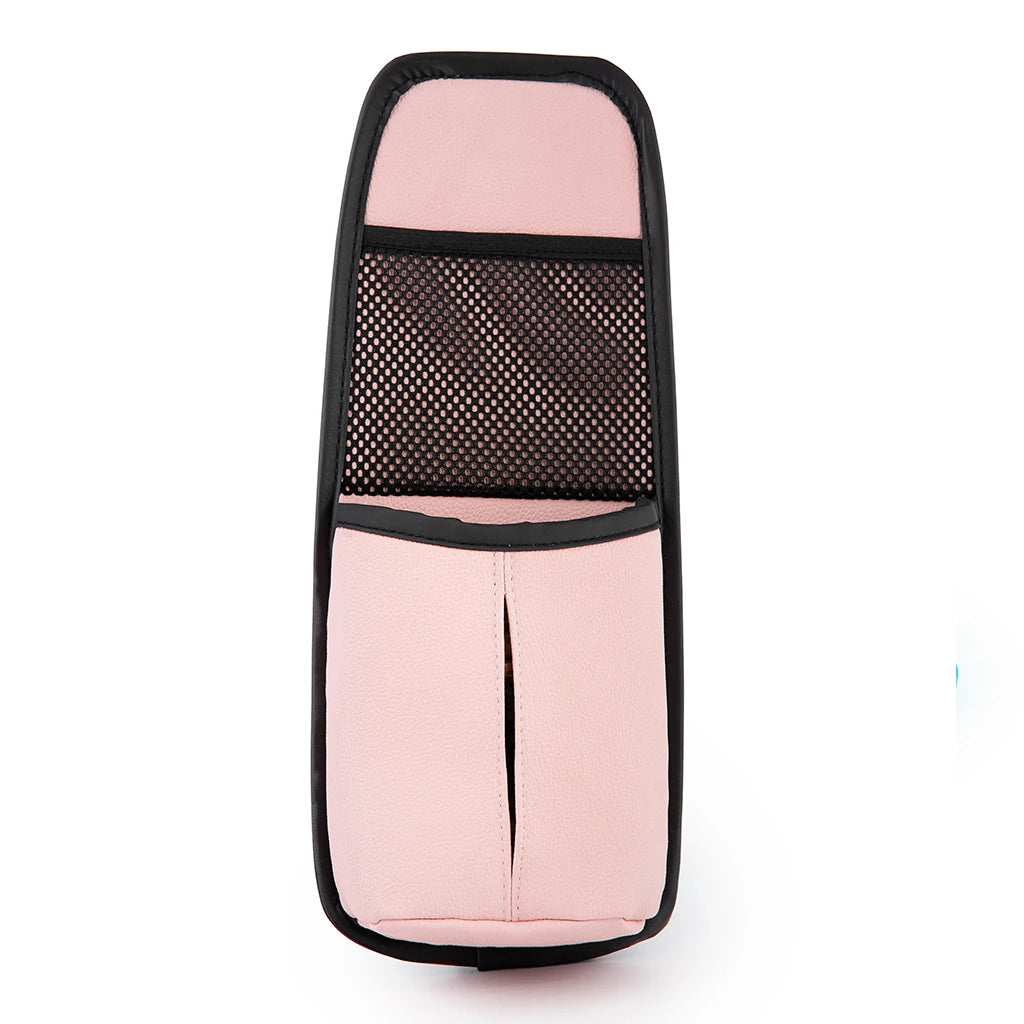 Pink PU leather car seat side organizer with mesh pocket and tissue slot, Affordable and fun Car-Wah! car storage for your daily commute.