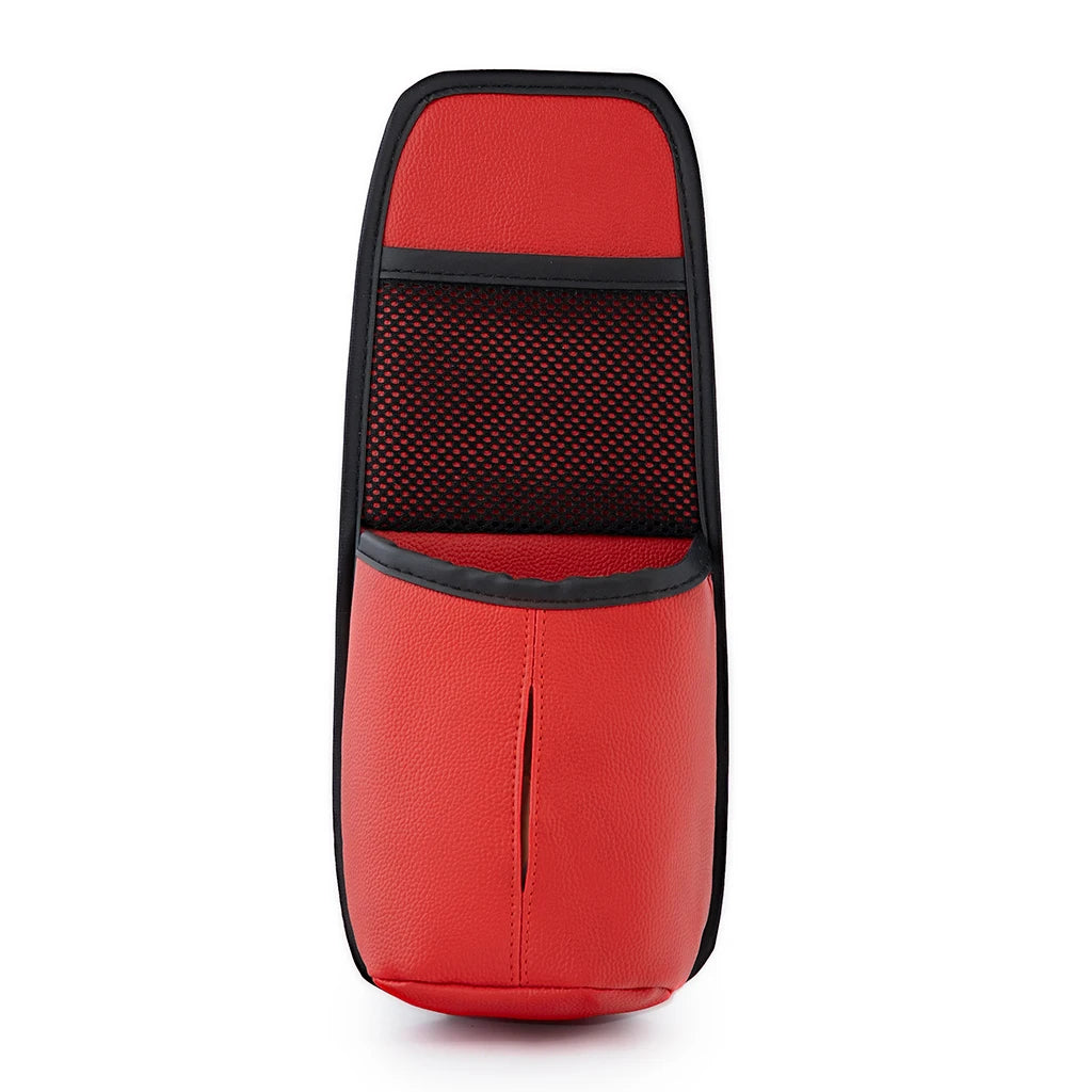 Red PU leather car seat side organizer with mesh pocket and tissue holder. Affordable and fun Car-Wah! car storage for your daily commute.