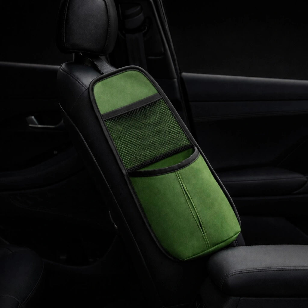 Front seat side organizer for car – green PU leather car seat side storage pocket. An essential Car-Wah! car organizer to elevate your driving experience.