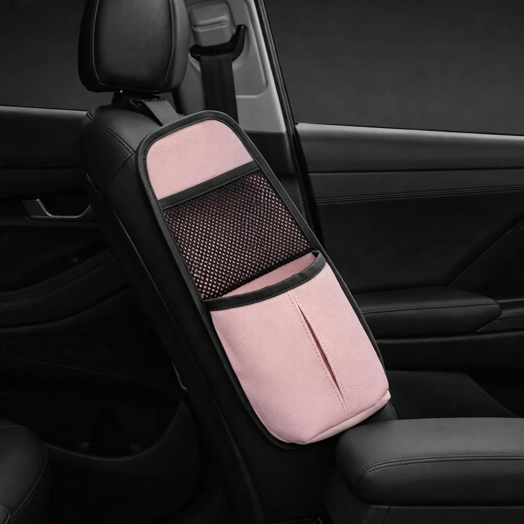 Front seat side organizer for car – pink PU leather seat side organizer beside driver seat. An essential Car-Wah! car organizer to elevate your driving experience.