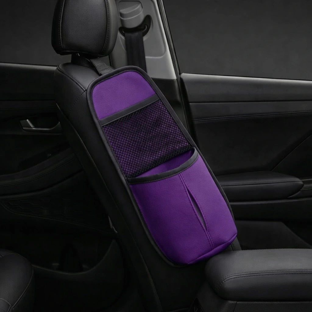 Front seat side organizer for car – purple PU leather car seat side storage pocket. An essential Car-Wah! car organizer to elevate your driving experience.