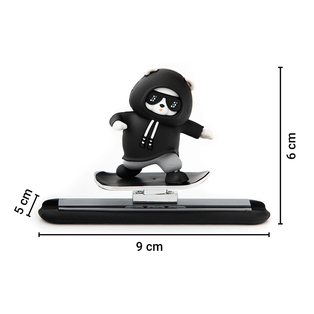 Sliding Panda Car Dashboard Decor with skateboard base showing size and dimensions – moving panda dashboard accessory. A  Car-Wah! aesthetic upgrade car accessory for your space on wheels.