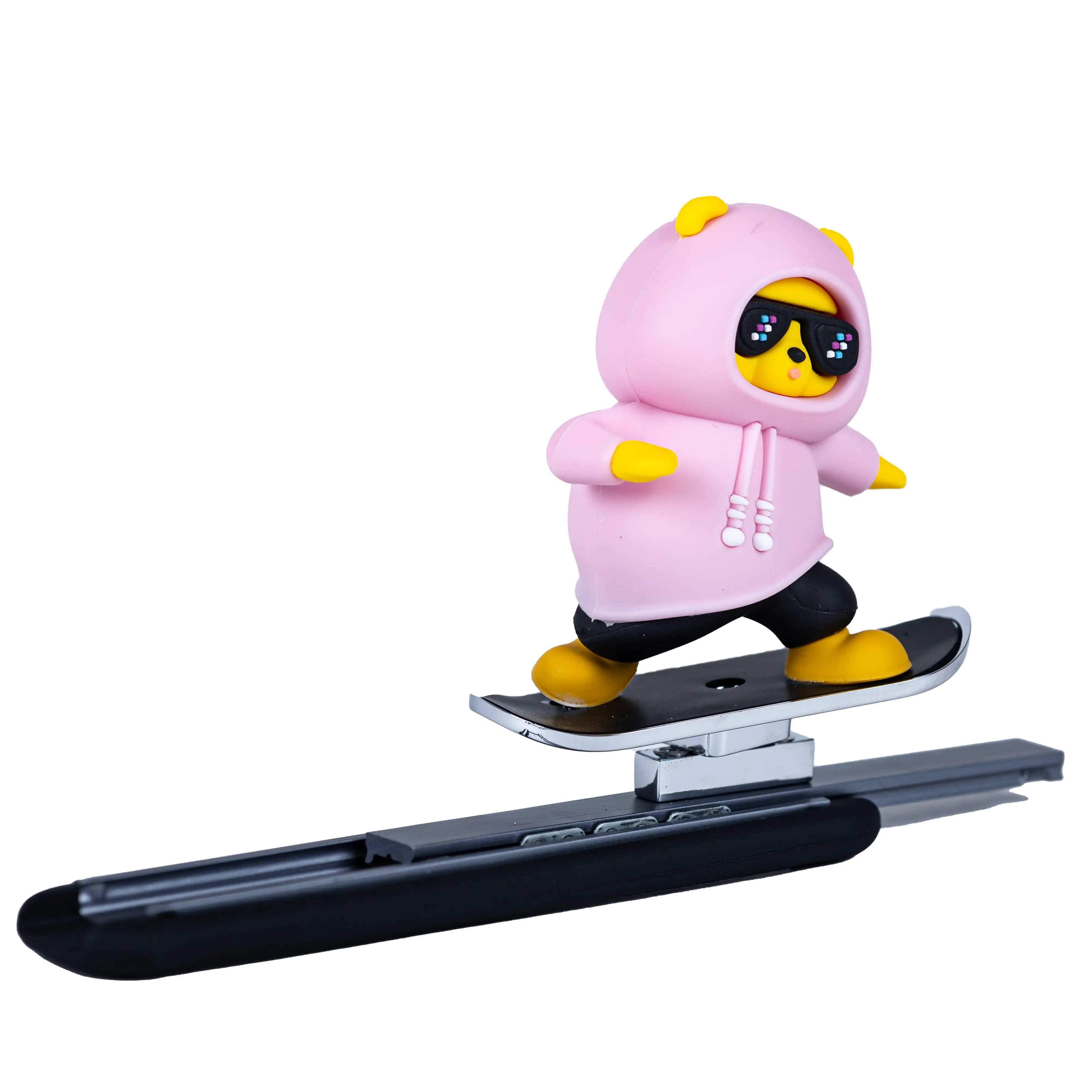 Pink sliding panda car dashboard decor on skateboard base – cute moving panda dashboard accessory. A  Car-Wah! aesthetic upgrade car accessory for your space on wheels.