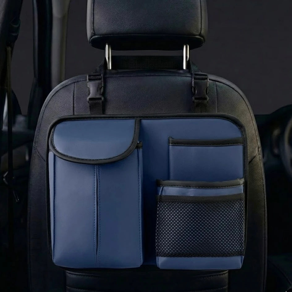 Navy compact car seat back organizer installed behind front seat. A unique Car-Wah! car organizer for a stress-free drive.