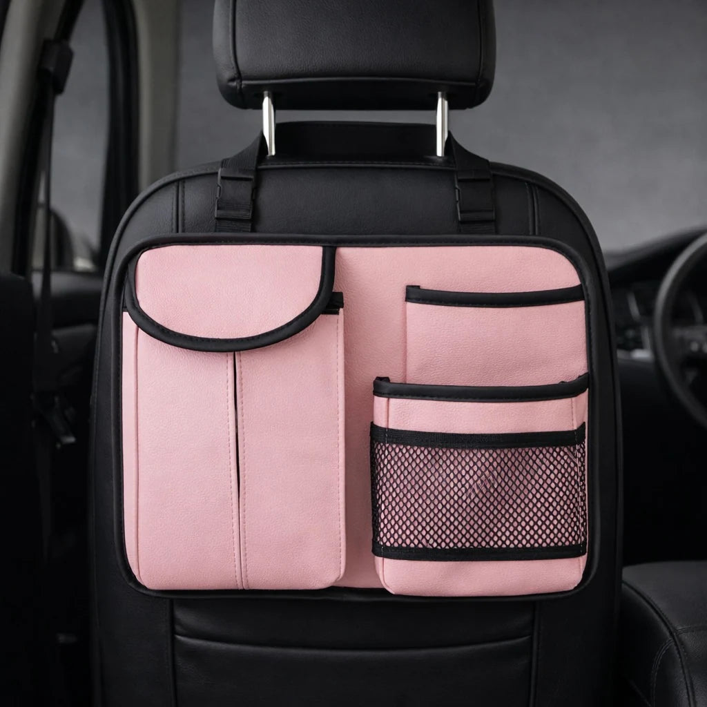Pink compact car seat back organizer installed behind front seat. A unique Car-Wah! car organizer for a stress-free drive.