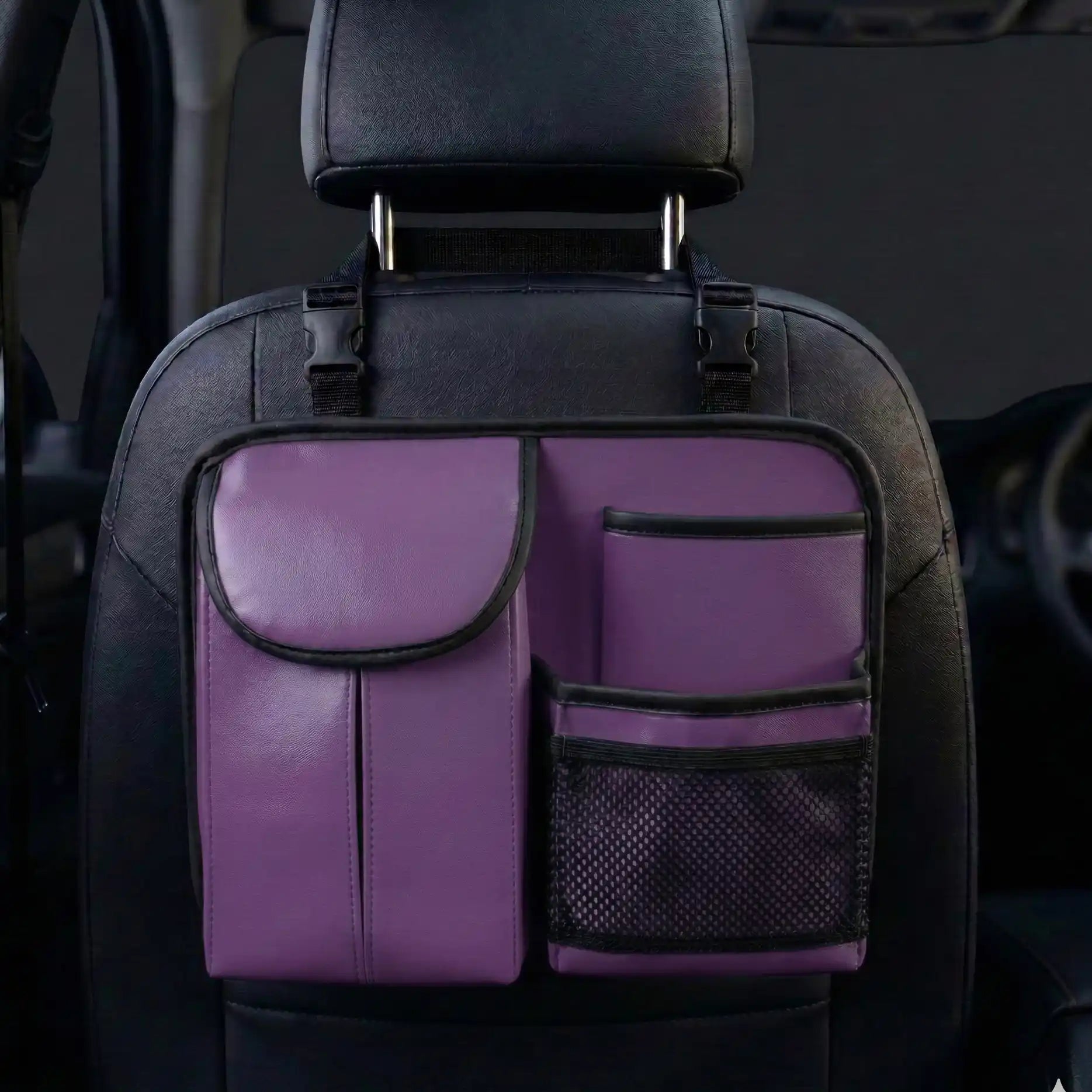 Purple compact car seat back organizer installed behind front seat. A unique Car-Wah! car organizer for a stress-free drive.