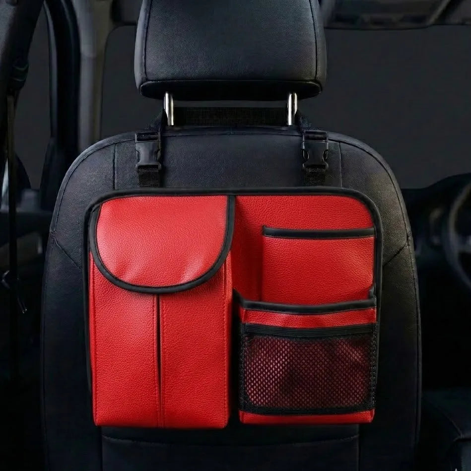 Red compact car seat back organizer installed behind front seat. A unique Car-Wah! car organizer for a stress-free drive.