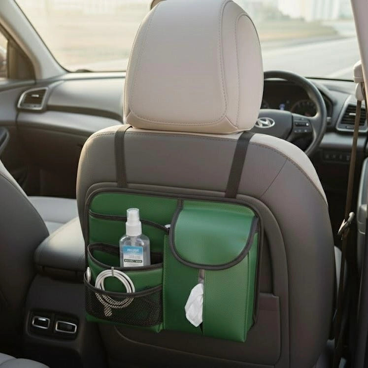 Green compact backseat organizer storing tissues and charging cable behind front seat. A colourful yet practical Car-Wah! car organizer that won't break the bank