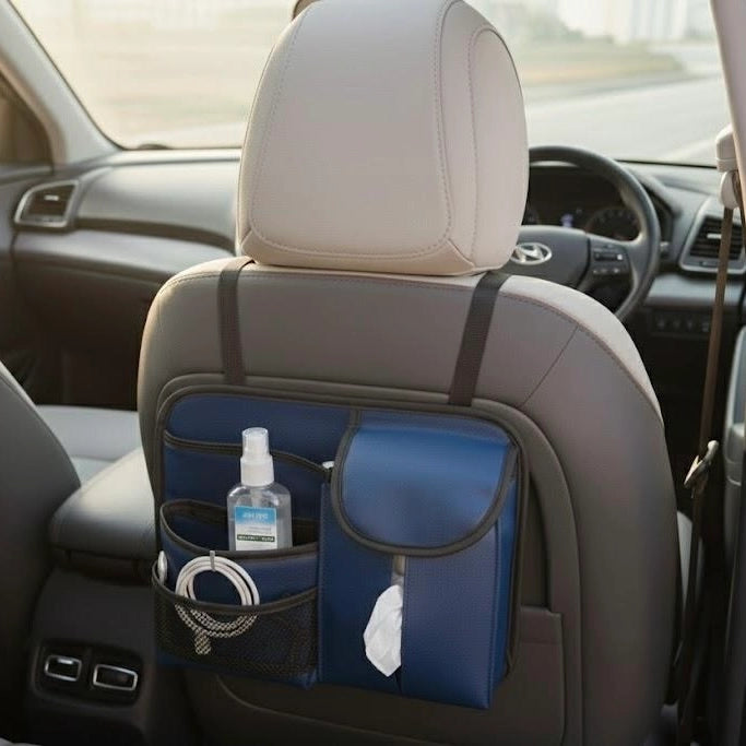 Navy blue car seat back organizer for tissues, chargers and essentials installed behind seat. A colourful yet practical Car-Wah! car organizer that won't break the bank