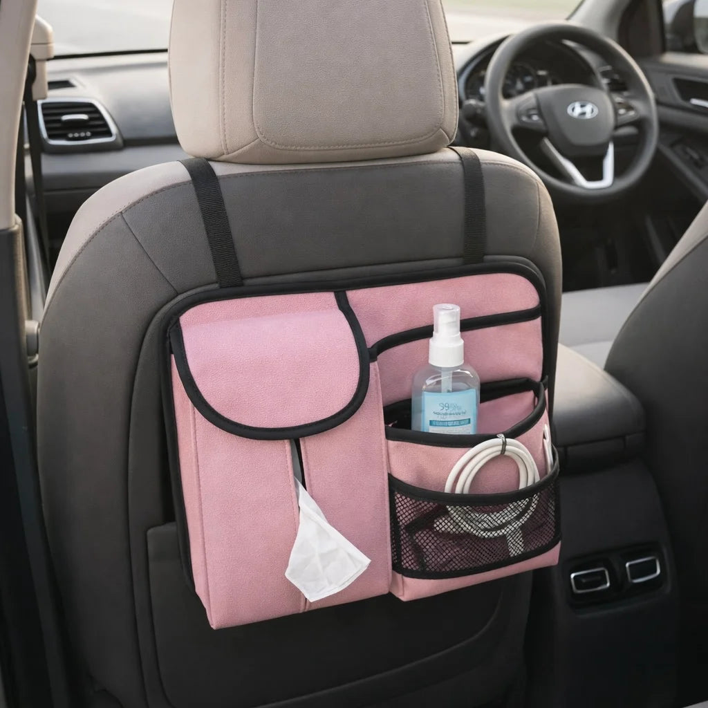 Pink compact car seat back organizer with tissue pocket and mesh cable holder.. A colourful yet practical Car-Wah! car organizer that won't break the bank
