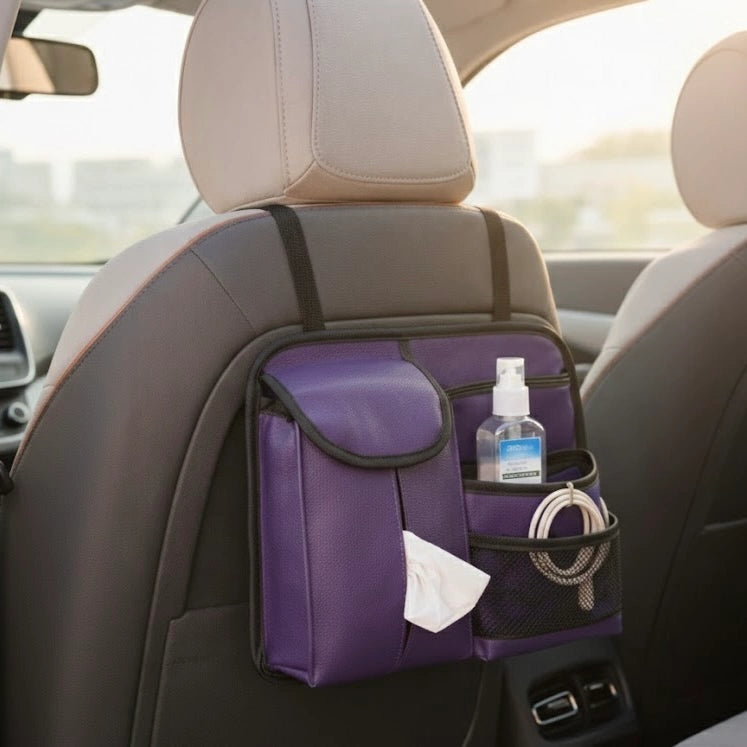 Purple compact backseat organizer installed behind front seat for tissues and small essentials. A colourful yet practical Car-Wah! car organizer that won't break the bank