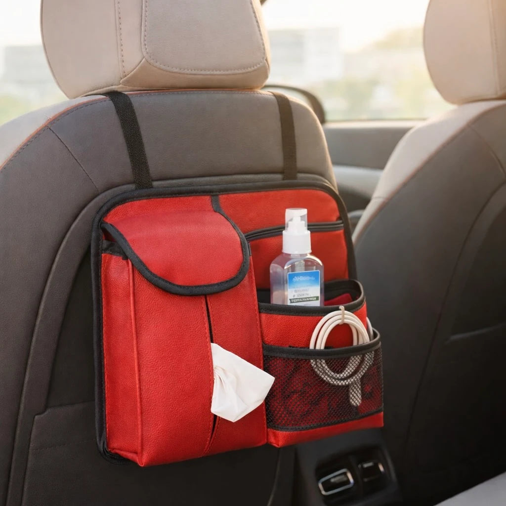 Red compact car seat back organizer holding tissues, sanitizer and charging cable behind car seat. A colourful yet practical Car-Wah! car organizer that won't break the bank.