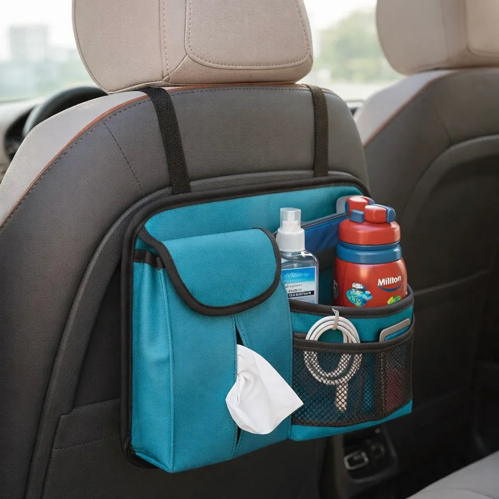 Compact car seat back organizer storing tissues, charging cable and bottle behind front seat. A colourful yet practical Car-Wah! car organizer that won't break the bank