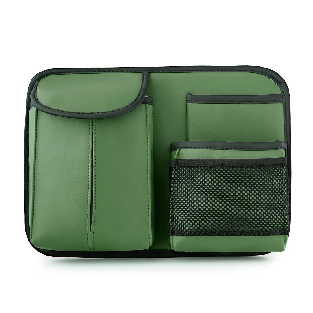 Green compact car seat back organizer with tissue pocket and mesh storage. An essential car accessory by Car-Wah! to elevate your driving experience